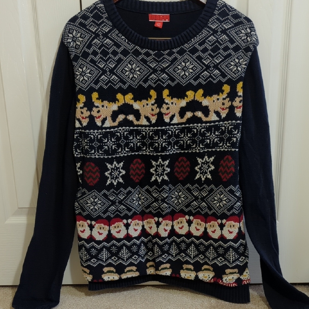 Festive Holiday Ugly Christmas Sweater Santa Reindeer Snowflakes